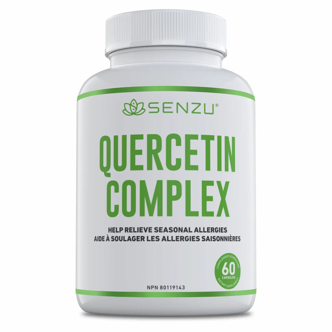A white bottle labeled Senzu Health Quercetin Complex features green text and a leaf logo, offering seasonal allergy relief with 60 vegan capsules.