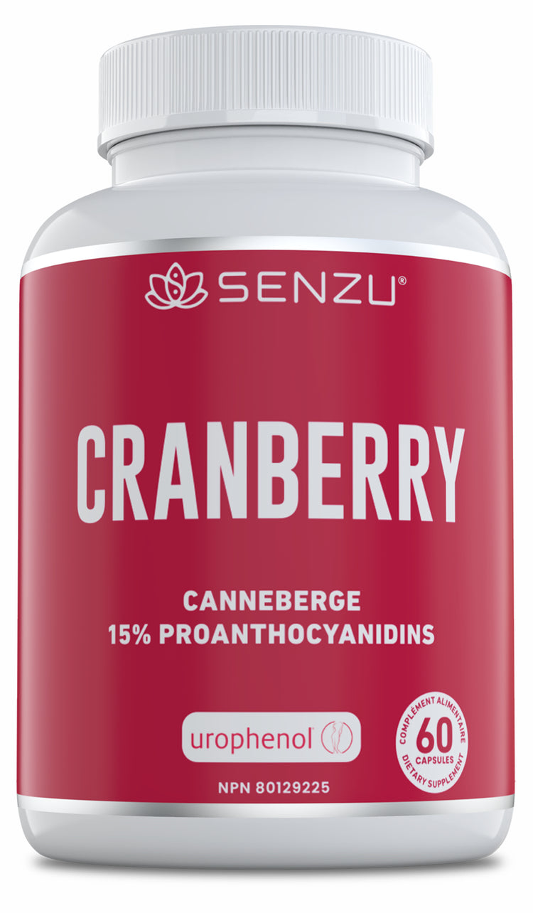 A white bottle labeled Senzu Health Cranberry Extract Urophenol features red accents, a bilingual English/French label, highlights urinary tract health with 15% Proanthocyanidins and urophenol, and contains 60 capsules.