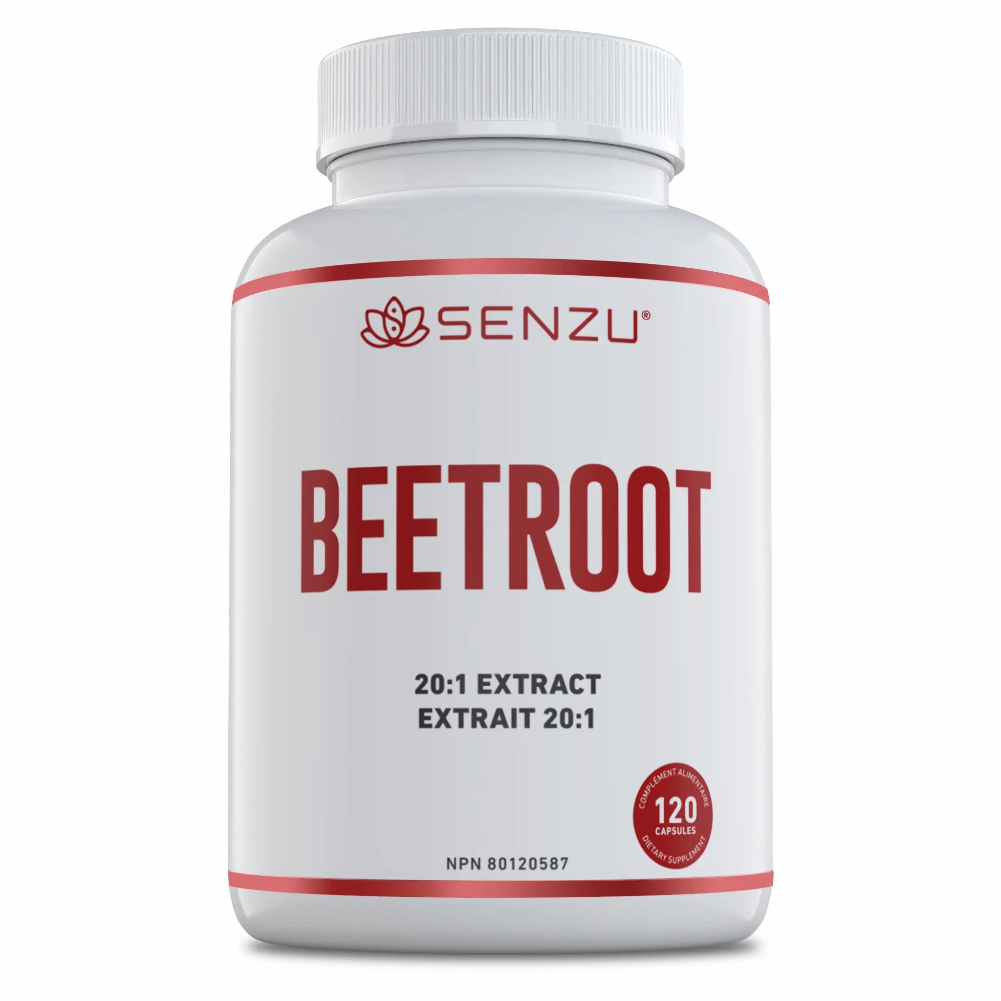 A white bottle labeled Senzu Health Beetroot 20:1 Extract features red text, a lotus logo above the brand name, and a red circle showing 120 high potency capsules for antioxidant support. The bottle is pictured on a plain white background.