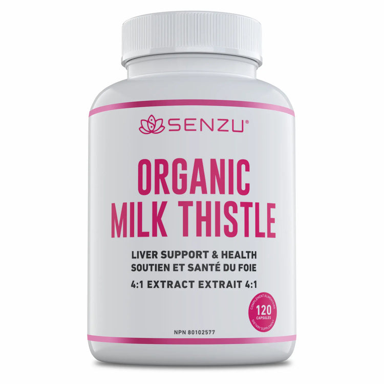 A white bottle labeled Senzu Health Organic Milk Thistle 4:1 Extract with pink accents. The label, in English and French, highlights organic liver support and contains 120 capsules.