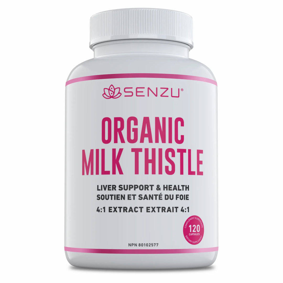 A white bottle labeled Senzu Health Organic Milk Thistle 4:1 Extract with pink accents. The label, in English and French, highlights organic liver support and contains 120 capsules.