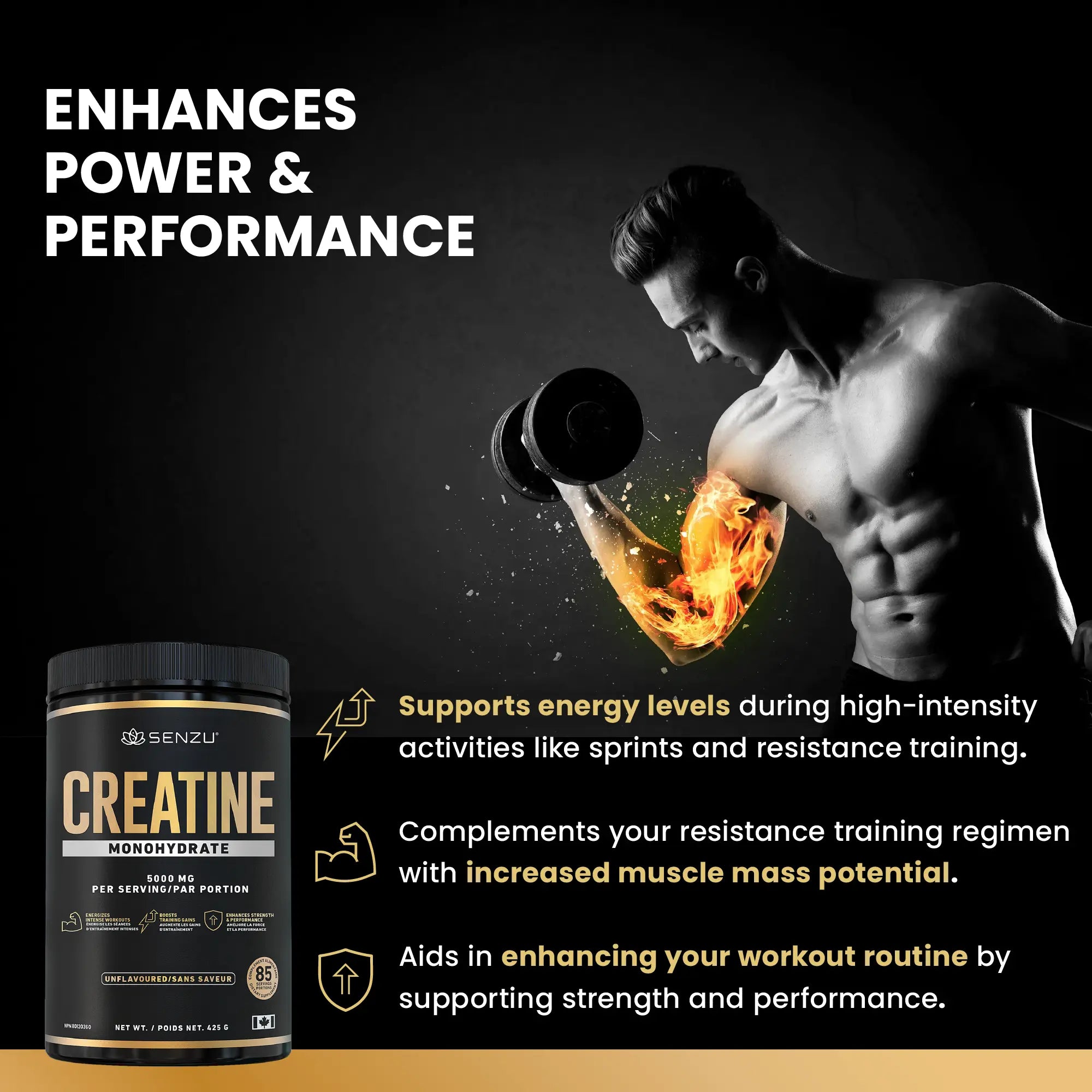 A muscular man lifts a dumbbell, flexing his muscles. To the left, Senzu Health Creatine Monohydrate Micronized Powder (425g) is displayed, highlighting power, performance, muscle gain, energy, and increased muscle mass.