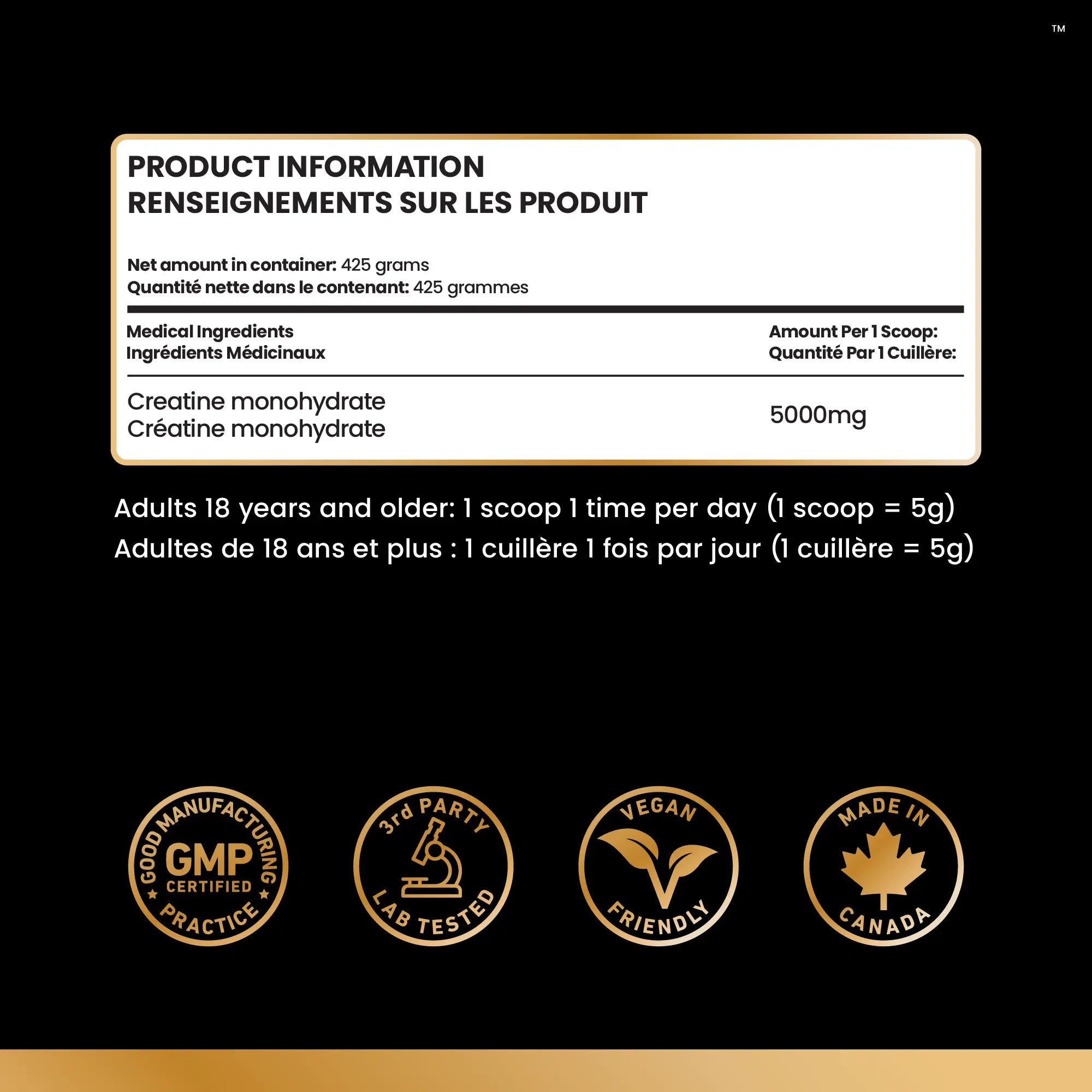 Senzu Health Creatine Monohydrate Micronized Powder (425g) label features English & French info, 5000mg per scoop for muscle gain (adult dosage), plus GMP certified, lab tested, vegan friendly, and made in Canada icons.