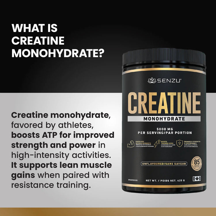 A container of Senzu Health Creatine Monohydrate Micronized Powder (425g) is shown, with text explaining it boosts ATP for improved strength and power, supporting muscle gain when used with resistance training.