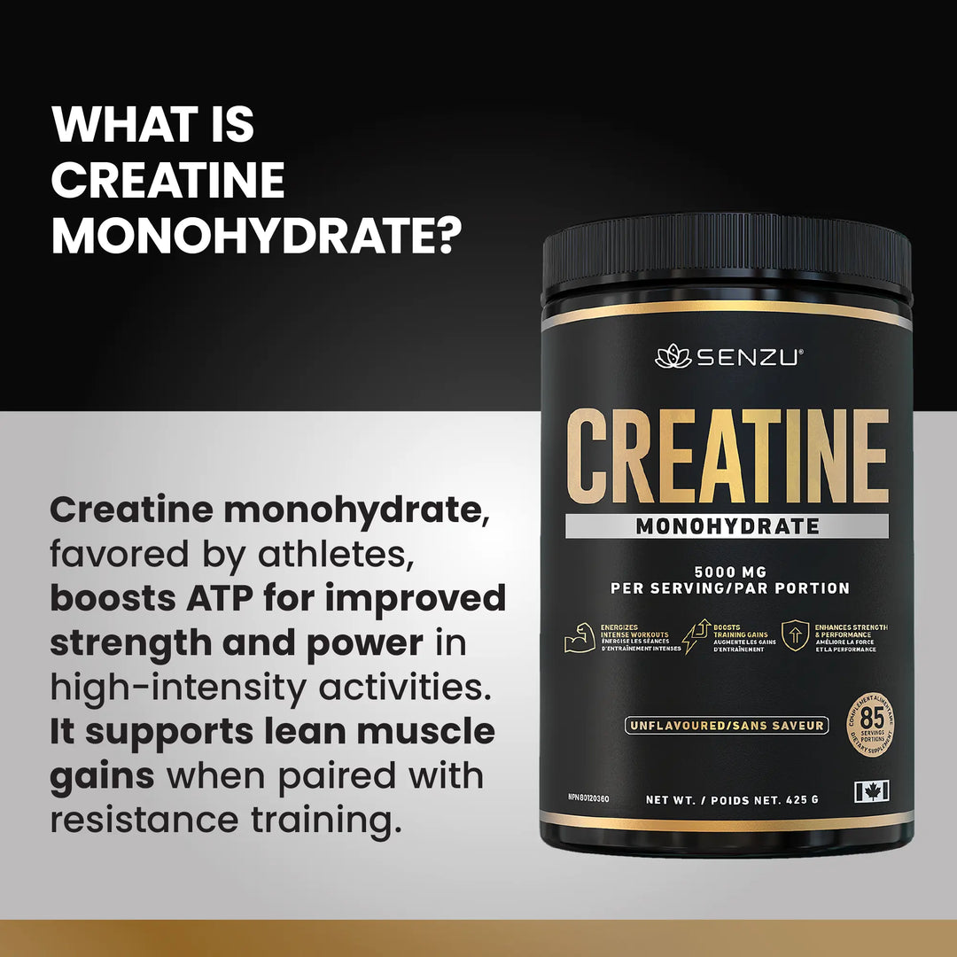 A container of Senzu Health Creatine Monohydrate Micronized Powder (425g) is shown, with text explaining it boosts ATP for improved strength and power, supporting muscle gain when used with resistance training.