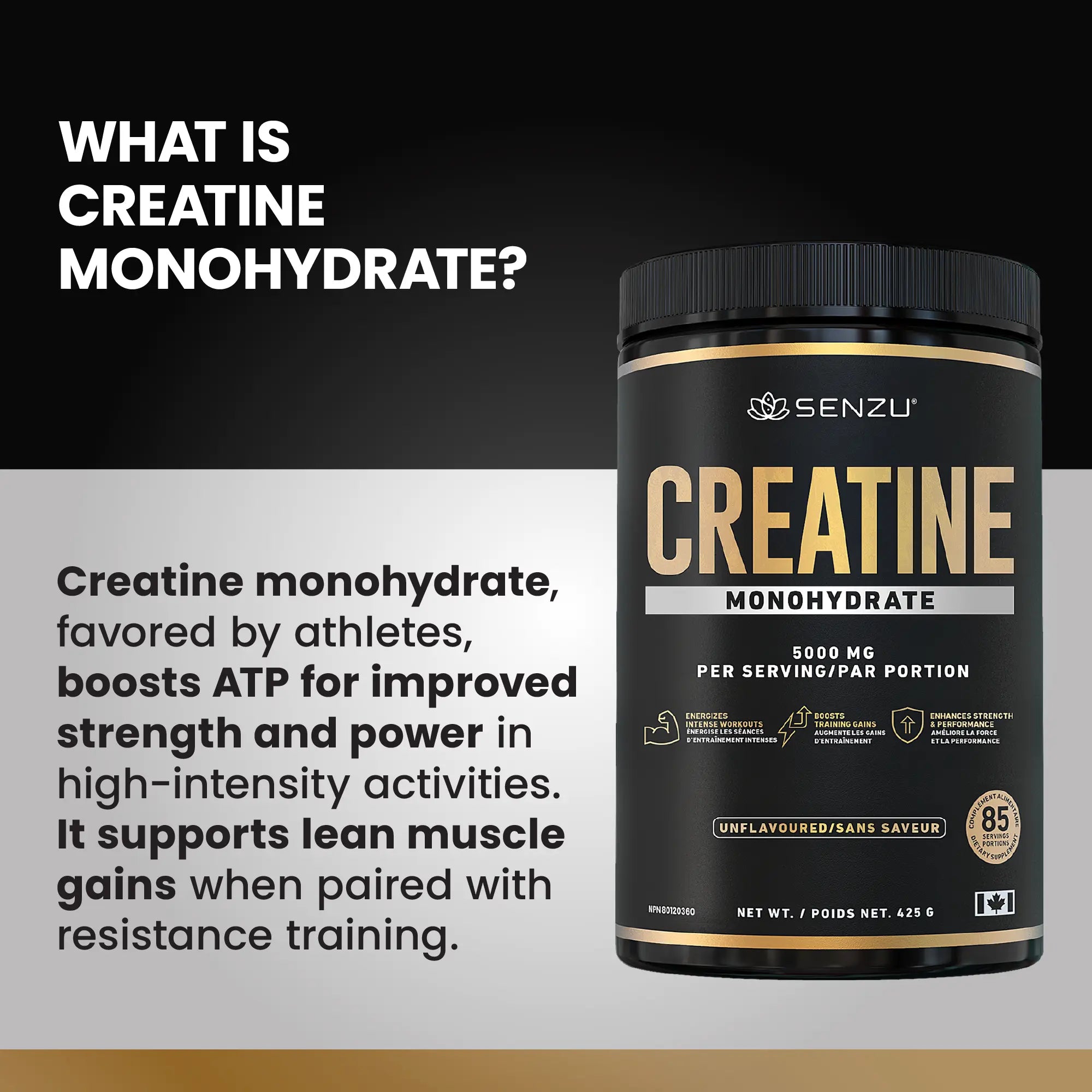 A container of Senzu Health Creatine Monohydrate Micronized Powder (425g) is shown, with text explaining it boosts ATP for improved strength and power, supporting muscle gain when used with resistance training.