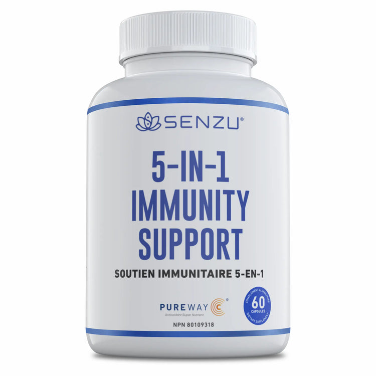 A white bottle labeled “Senzu Health 5-in-1 Immunity Support” with blue and gray text contains 60 capsules of elderberry supplement for immune support. The label features the Pureway logo and French translation.