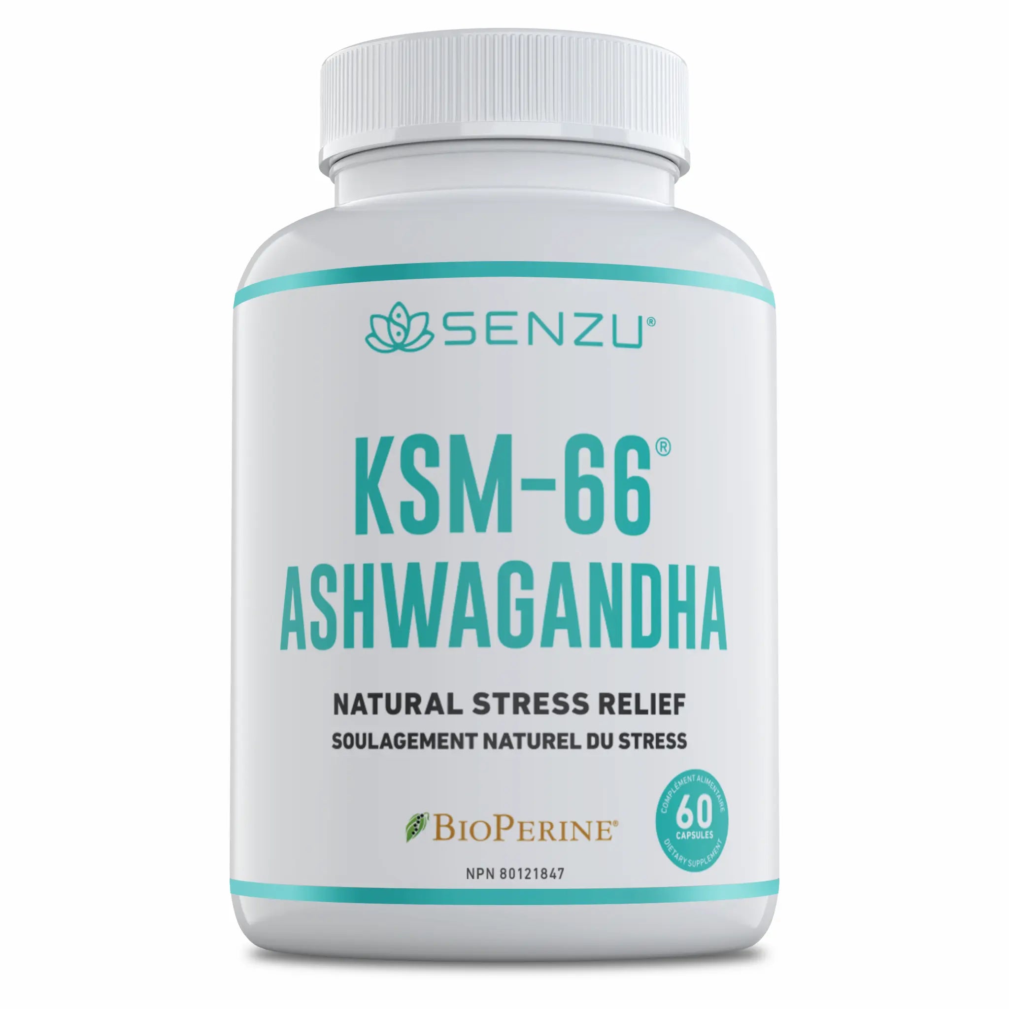 A white bottle labeled Senzu Health KSM-66 Full-Spectrum Ashwagandha holds 60 organic capsules for natural stress relief, featuring the BioPerine logo and bilingual English-French text.