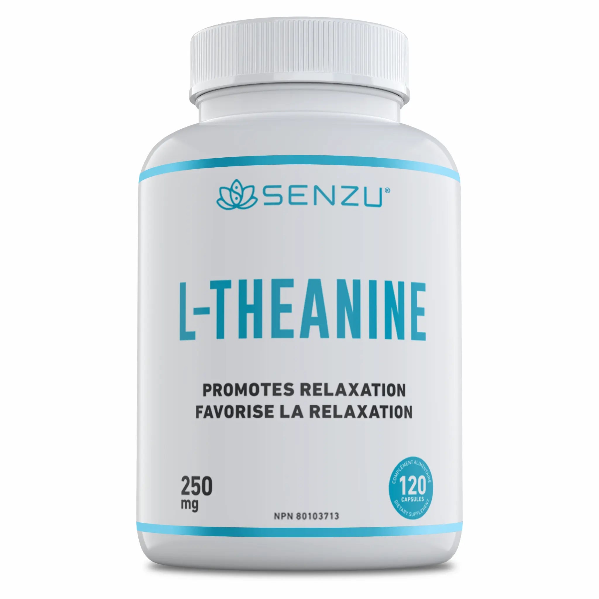 A white bottle of Senzu Health L-Theanine 250mg contains 120 vegan capsules, each serving delivering 250 mg of L-Theanine to support relaxation. The label reads “Promotes Relaxation / Favorise la Relaxation.”.