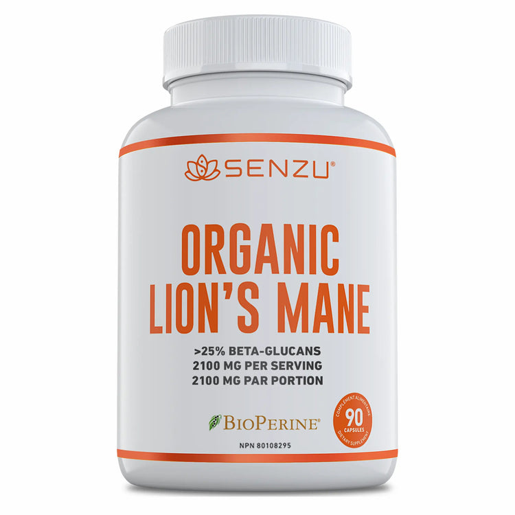 A white bottle labeled Senzu Health Organic Lions Mane with orange text highlights this supplement featuring 2100 mg per serving, over 25% beta-glucans, BioPerine, cognitive support benefits, and 90 capsules.