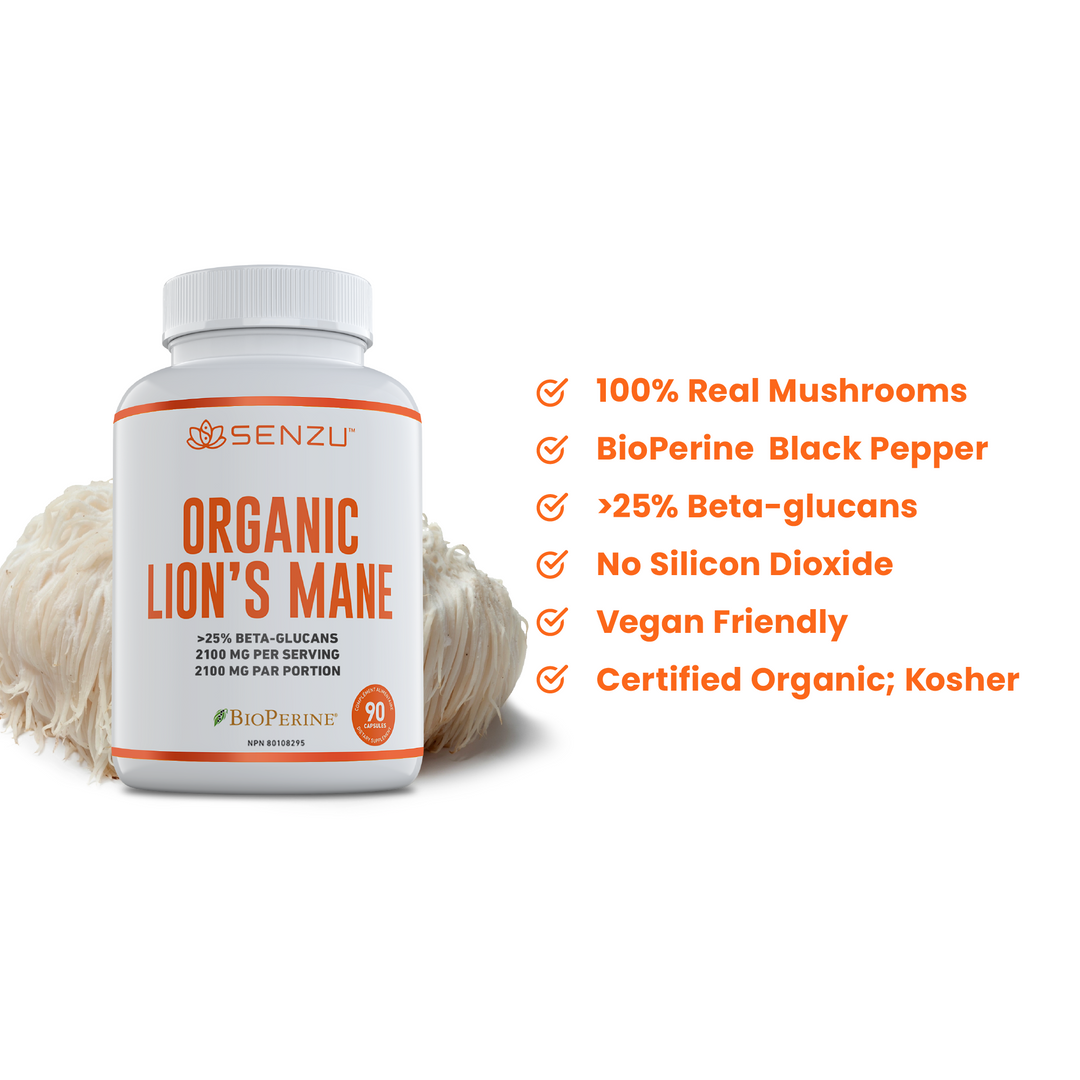 A bottle of Senzu Health Organic Lions Mane supplement sits beside a lion’s mane mushroom. Text highlights 100% real mushrooms, cognitive support, BioPerine black pepper, >25% beta-glucans, vegan, and certified organic.