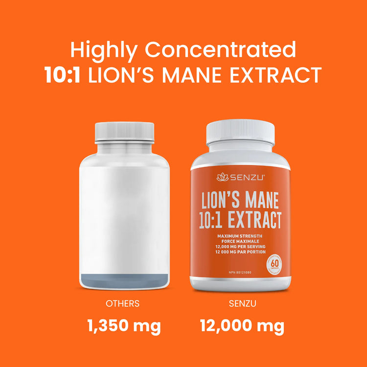 Two supplement bottles on an orange background: the left is labeled OTHERS 1,350 mg; the right, Senzu Health Lions Mane 10:1 Extract, shows 12,000 mg and highlights higher concentration.