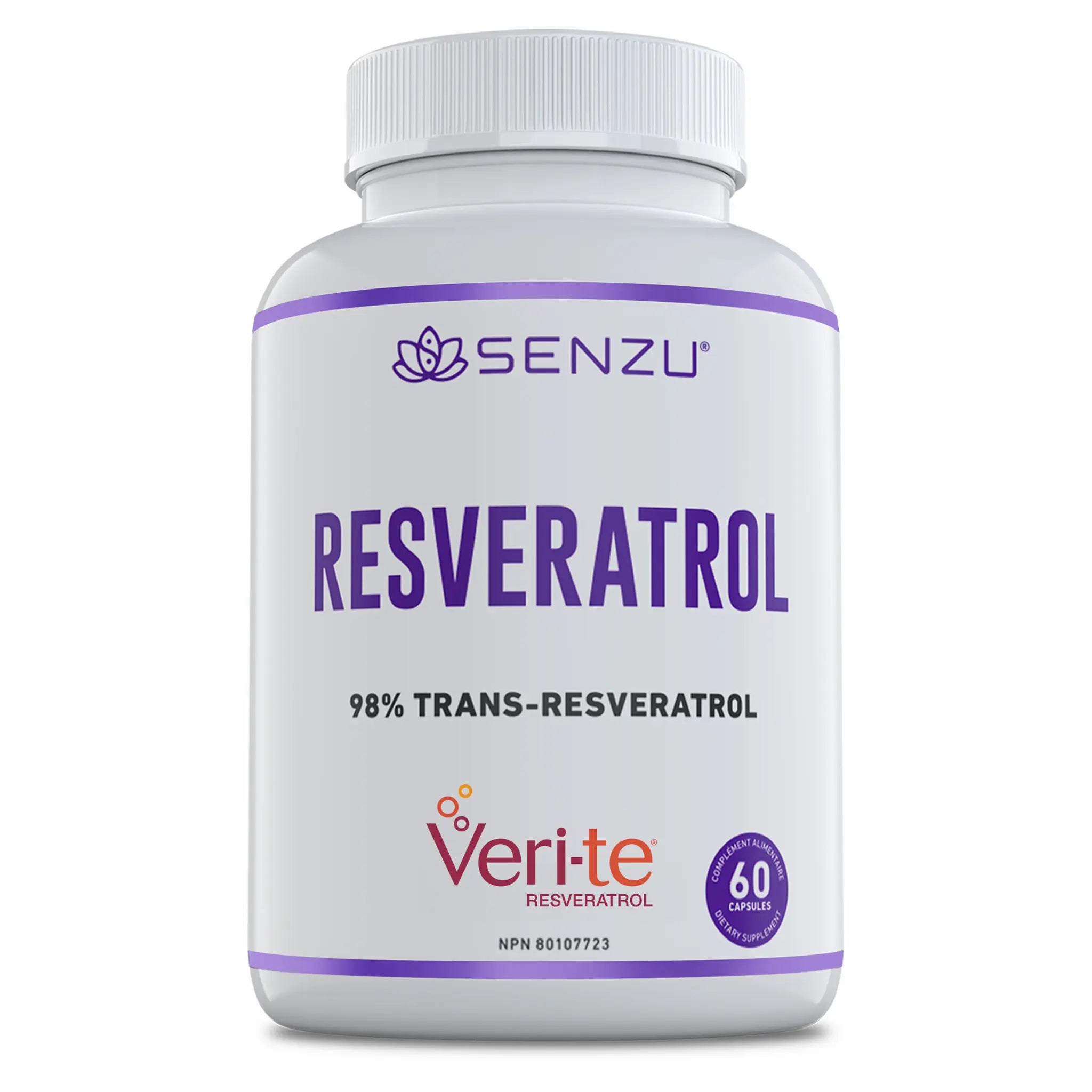 A white bottle labeled Senzu Health Trans-Resveratrol 98% with high purity trans resveratrol and Veri-te resveratrol on the front. The bottle contains 60 capsules.