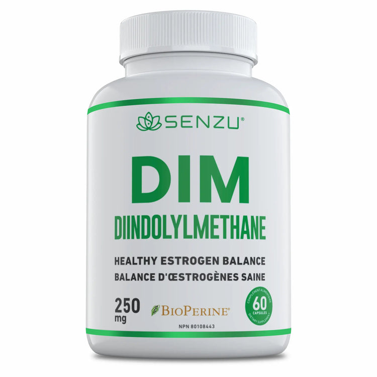 A white Senzu Health bottle labeled DIM Diindolylmethane 250mg with green text, 60 capsules, and healthy estrogen support benefits. The supplement shows the BioPerine logo and bilingual text on the packaging.