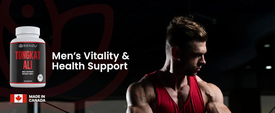 A muscular man in a gym wears a red tank top. To his left is a bottle of Senzu Health Tongkat Ali, a supplement for men’s vitality and health support. A maple leaf and “Made in Canada” appear at the bottom left.