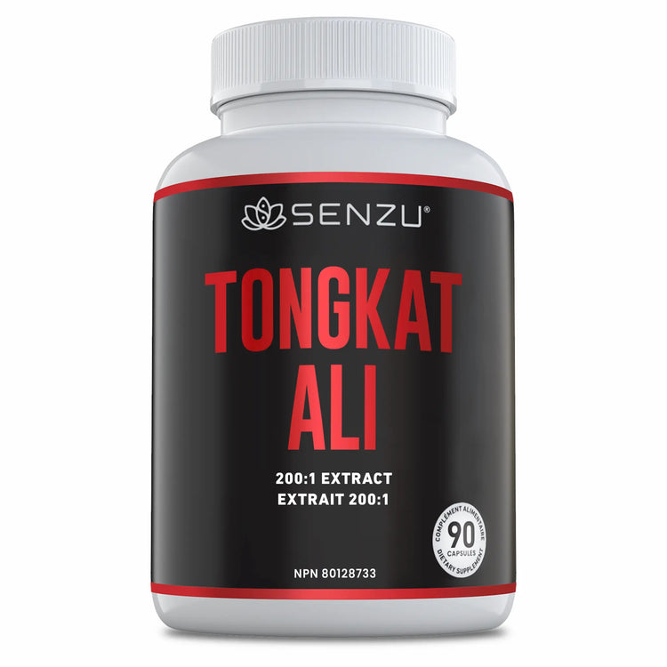 A white bottle of Senzu Health Tongkat Ali, 200:1 extract, with 90 capsules and a black and red design—ideal as a stamina supplement to support exercise performance.