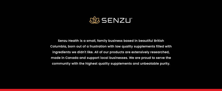 Black background featuring the Senzu Health logo and text highlighting Senzu Health, a small family-run BC business, offering high-quality Canadian-made Tongkat Ali supplements to support stamina and exercise performance with unmatched purity.
