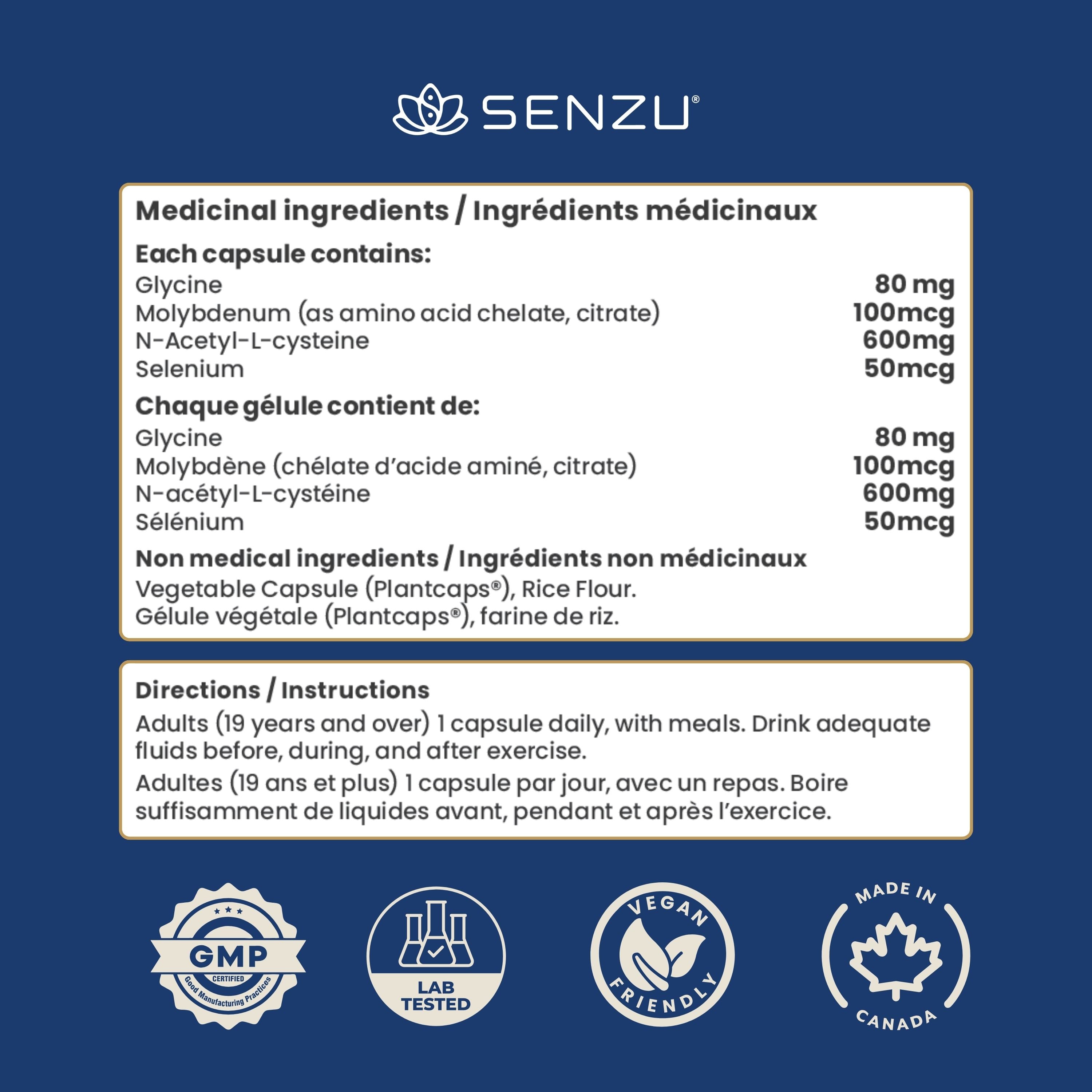 A Senzu Health NAC Complex 600mg supplement label for liver detox and glutathione support, listing medicinal ingredients, dosage, GMP, lab tested, vegan icons, made in Canada mark; English and French text on dark blue.