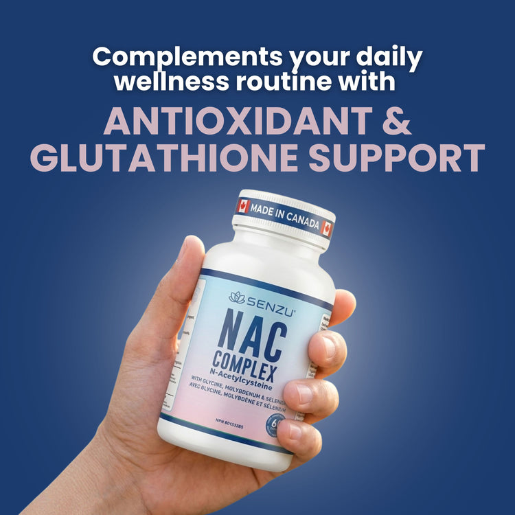 A hand holds a bottle of Senzu Health NAC Complex 600mg against a blue background. Text above reads, Complements your daily wellness routine with liver detox and glutathione support.