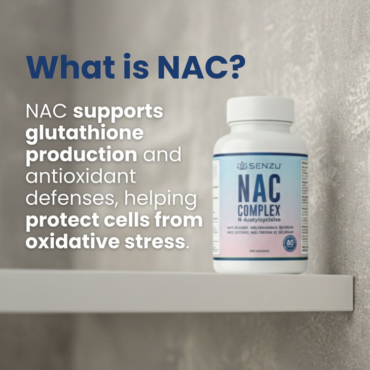A bottle of Senzu Health NAC Complex 600mg sits on a white shelf, highlighting its glutathione support, antioxidant defense boost, and role in protecting cells from oxidative stress.