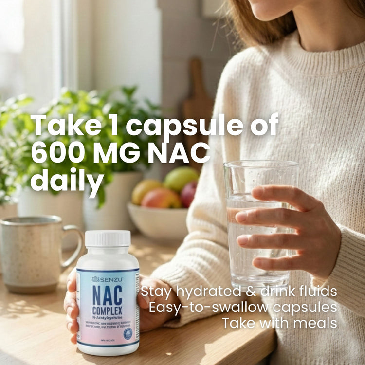 A person in a cozy sweater holds a glass of water near a Senzu Health NAC Complex 600mg bottle on the kitchen counter, highlighting instructions: take 1 capsule daily with meals, stay hydrated, and support glutathione and liver health.