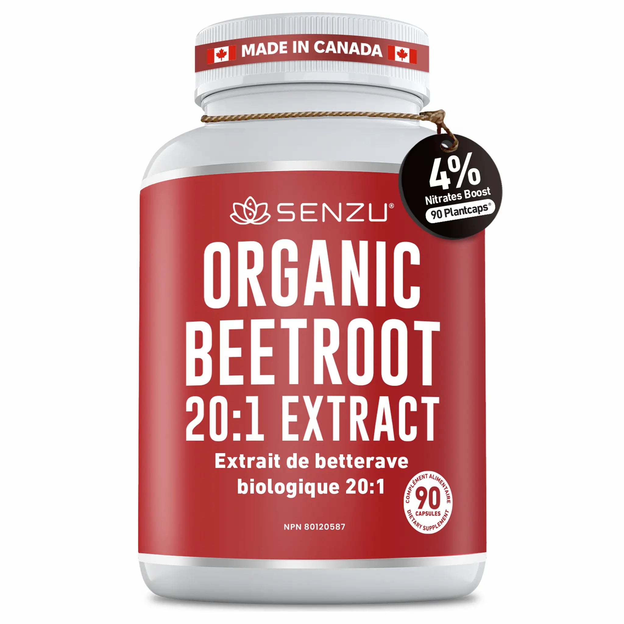 A bottle of Senzu Health Organic Beetroot 20:1 Extract contains 90 extra strength capsules, has a red and white bilingual (English/French) label, is made in Canada, and offers a 4% Nitrates Boost.