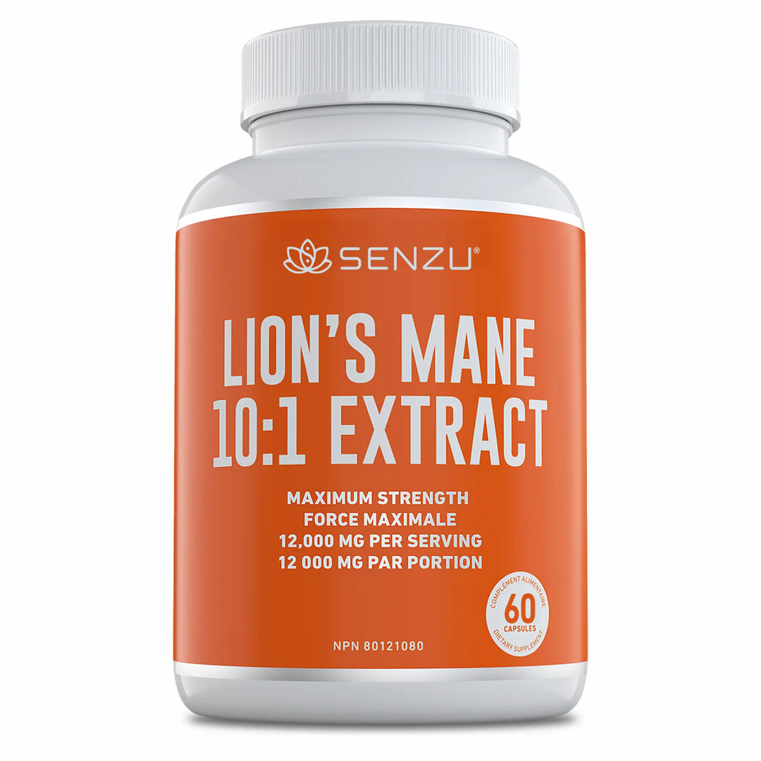 A white bottle labeled Senzu Health Lions Mane 10:1 Extract, featuring an orange Maximum Strength label with 12,000 mg per serving and containing 60 capsules.