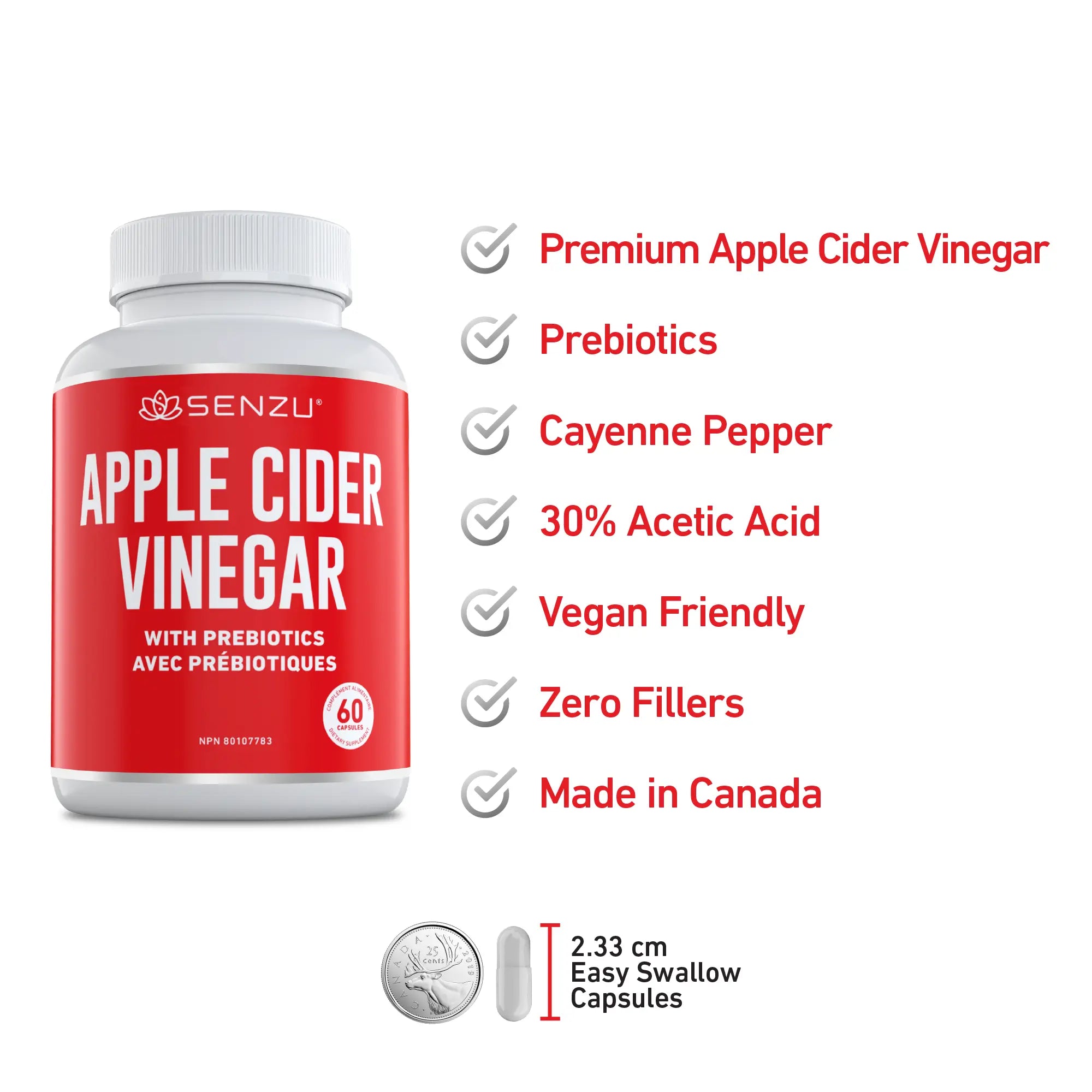A bottle of Senzu Health Apple Cider Vinegar Pills with Prebiotics is shown next to a checklist highlighting premium vinegar, prebiotics, cayenne pepper, 30% acetic acid, vegan ingredients, zero fillers, and made in Canada.
