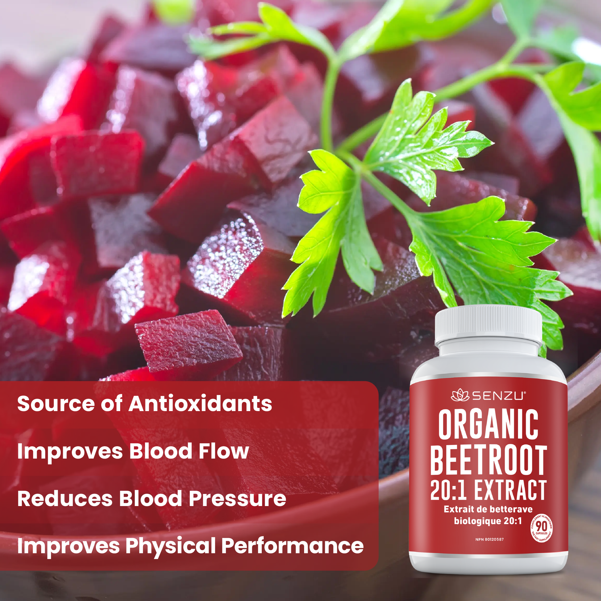 A bowl of diced beetroot with parsley garnish sits in the background, while a bottle labeled Senzu Health Beetroot 20:1 Extract highlights its extra strength and antioxidant support in a red text box.