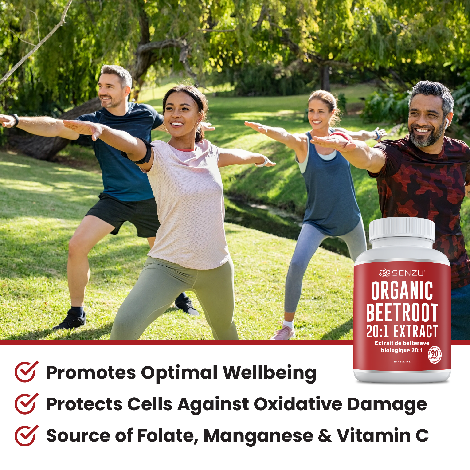 Four people exercise outdoors in a park, performing lunges. In the foreground, Senzu Health Beetroot 20:1 Extract appears with text highlighting powerful antioxidant support.