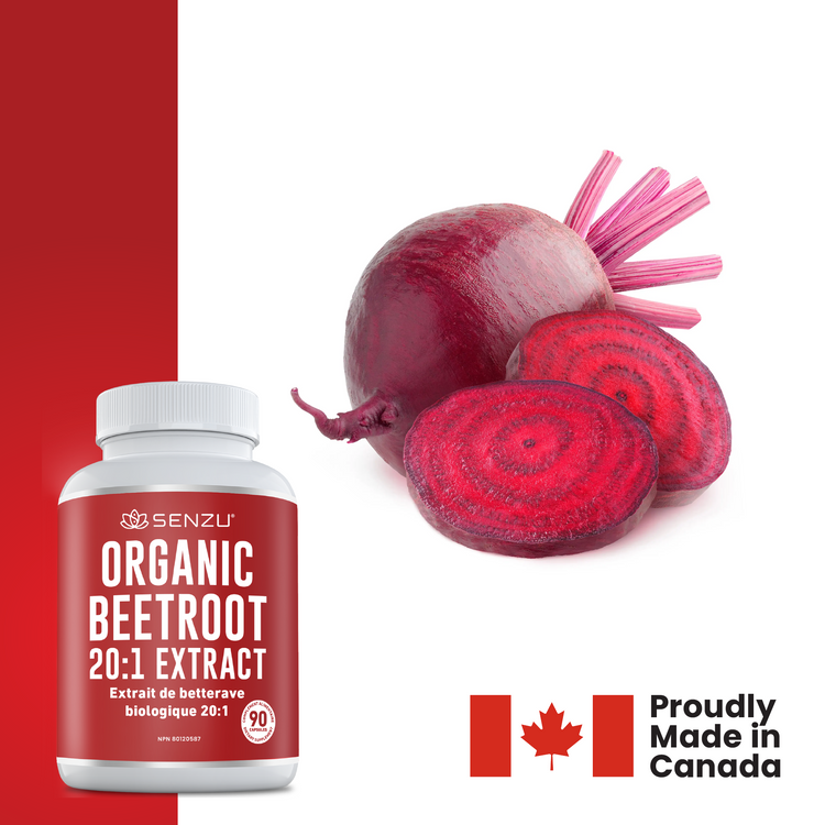 A bottle of Senzu Health Beetroot 20:1 Extract, with extra strength beetroot for antioxidant support, sits beside whole and sliced beets. A Canadian flag and "Proudly Made in Canada" are shown on a white background.