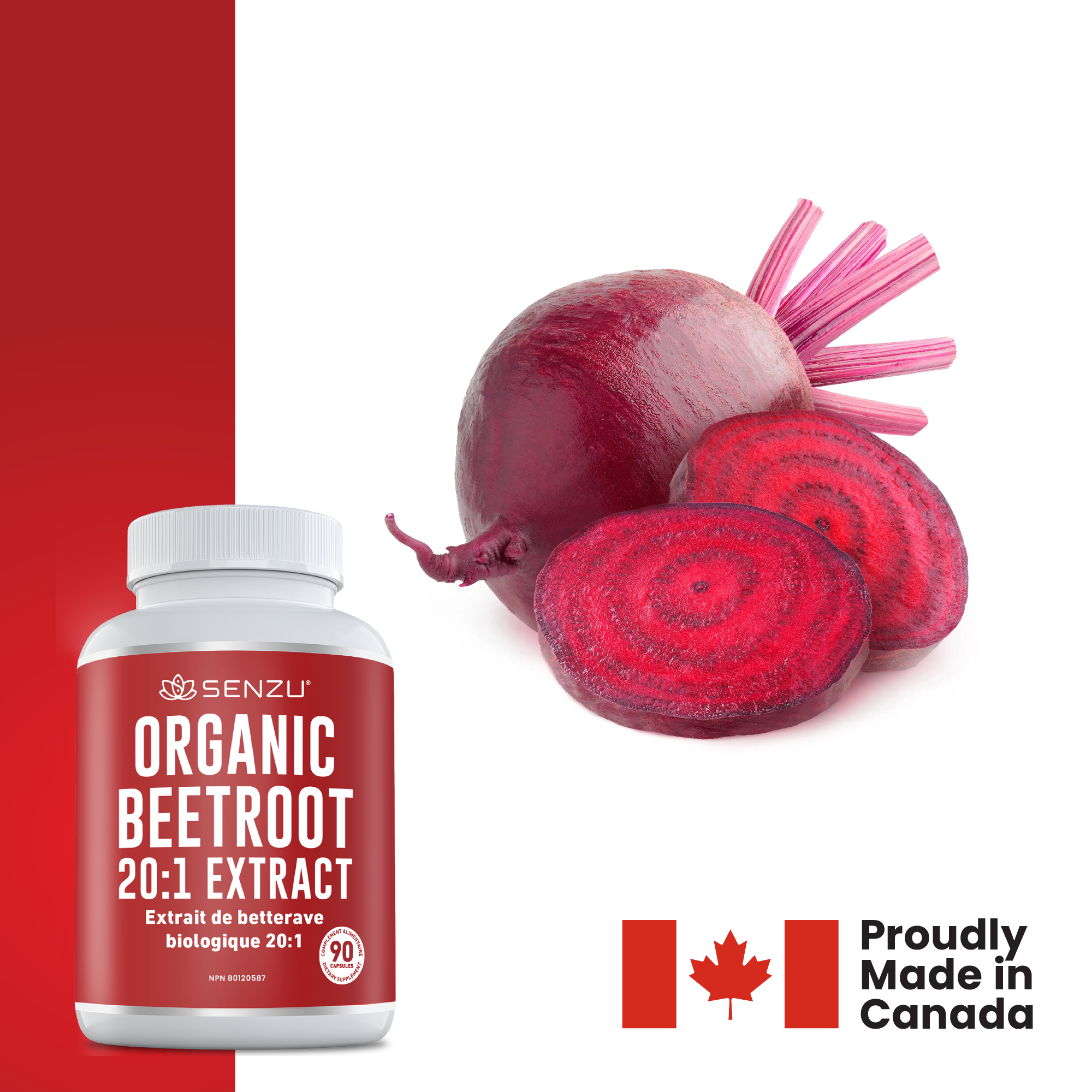A bottle of Senzu Health Beetroot 20:1 Extract, with extra strength beetroot for antioxidant support, sits beside whole and sliced beets. A Canadian flag and "Proudly Made in Canada" are shown on a white background.