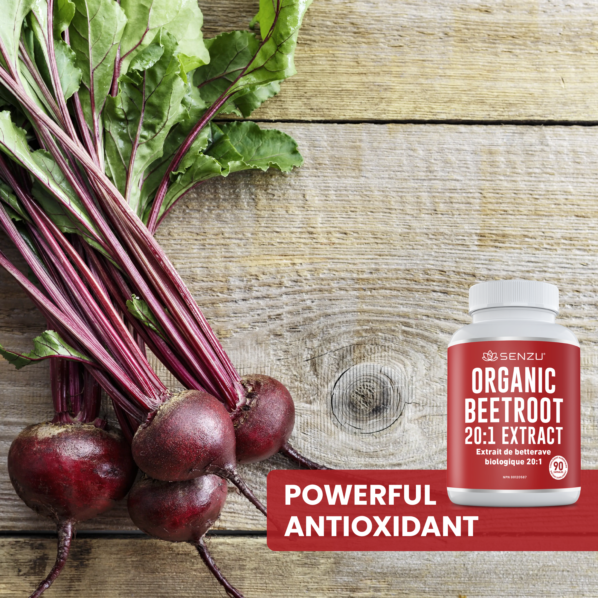 Fresh beetroots with leaves sit beside a bottle of Senzu Health Beetroot 20:1 Extract supplement on a wooden surface. Text reads “Powerful Antioxidant Support.”.