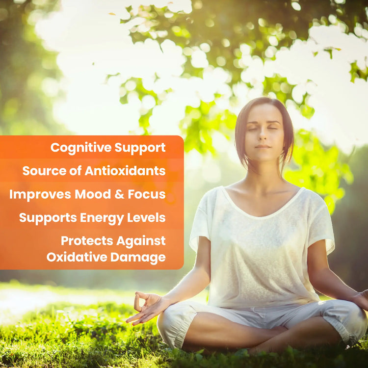 A woman meditates cross-legged on grass under sunlight. Orange boxes highlight Senzu Health Lions Mane 10:1 Extract benefits: Cognitive Support, Source of Antioxidants, Improves Mood & Focus, Supports Energy, Protects Against Oxidative Damage.