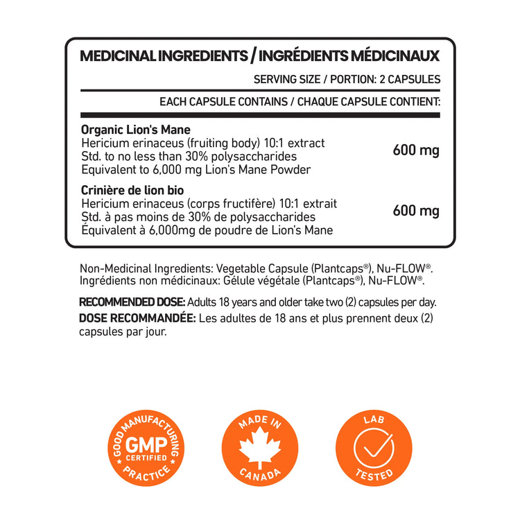 Supplement label for Senzu Health Lions Mane 10:1 Extract: 600 mg organic lion’s mane mushroom extract per serving (2 capsules) plus non-medicinal ingredients. Includes GMP certified, made in Canada, and lab tested icons at the bottom.