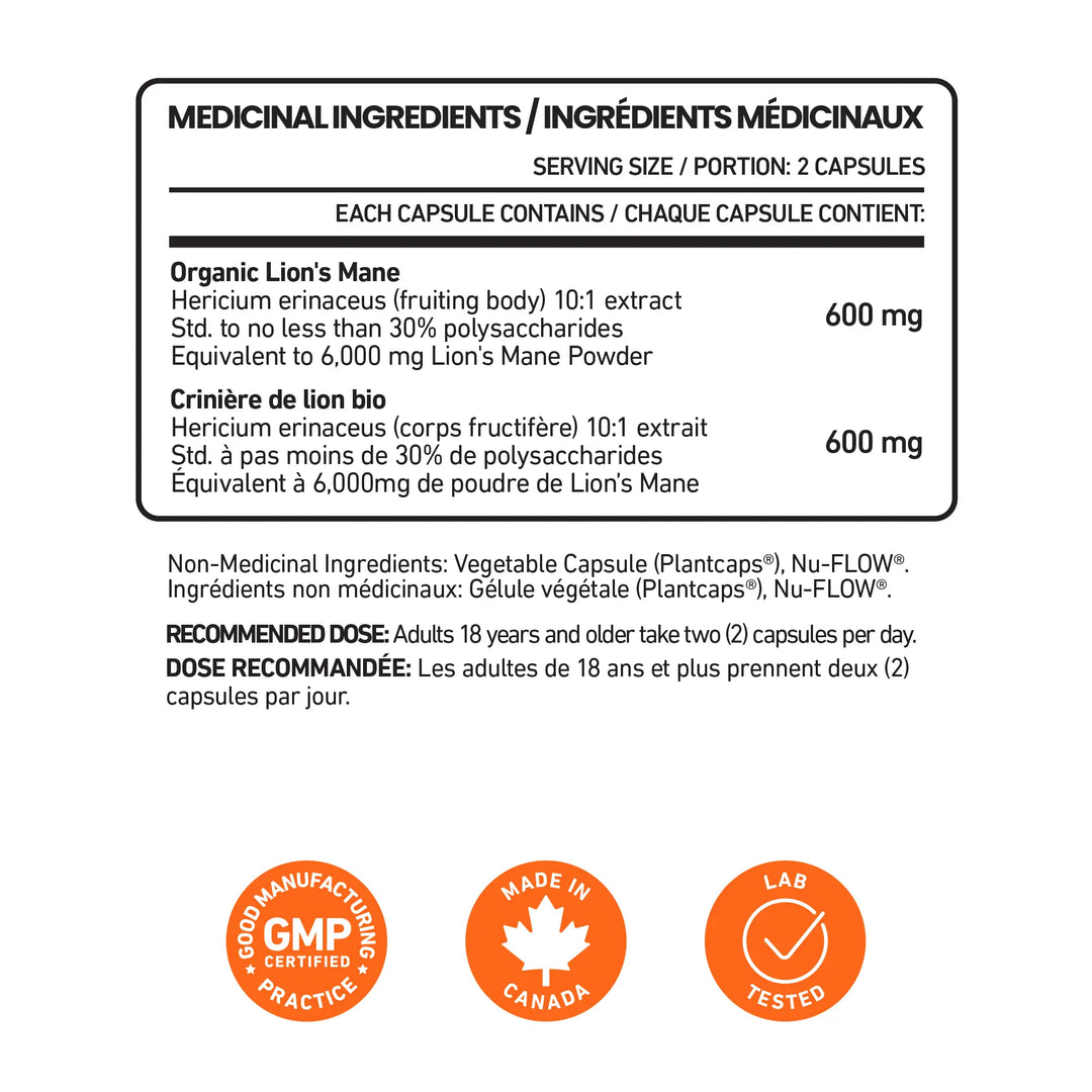 Supplement label for Senzu Health Lions Mane 10:1 Extract: 600 mg organic lion’s mane mushroom extract per serving (2 capsules) plus non-medicinal ingredients. Includes GMP certified, made in Canada, and lab tested icons at the bottom.