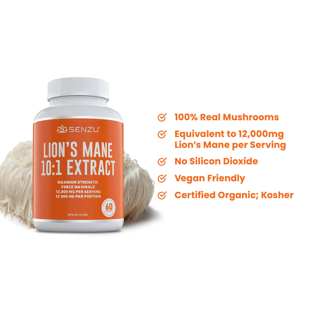 A white bottle labeled Senzu Health Lions Mane 10:1 Extract sits next to a lion’s mane mushroom. Text highlights: 100% real mushrooms, 12,000mg per serving, no silicon dioxide, vegan, organic, and kosher.