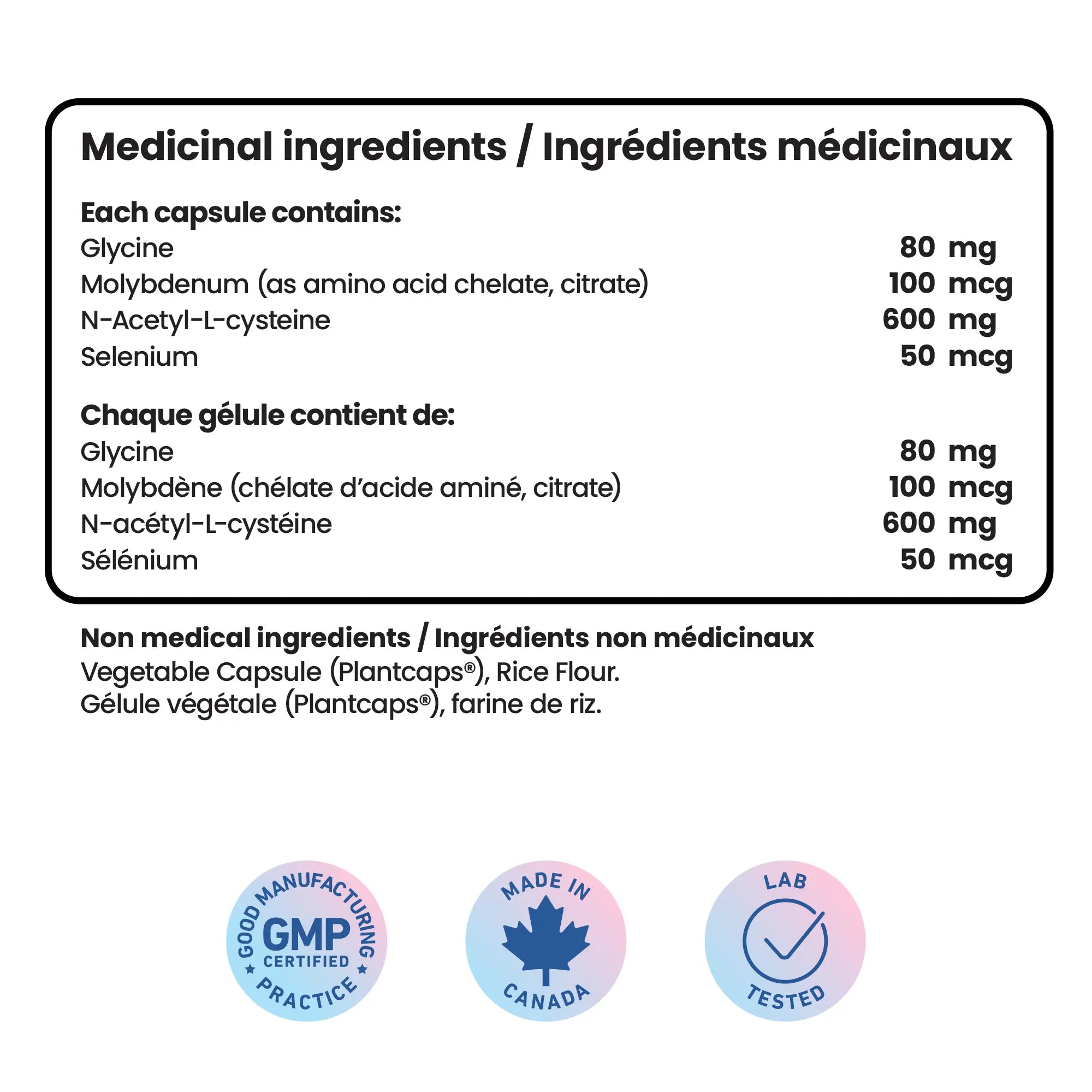 Senzu Health NAC Complex 600mg label: Each capsule contains Glycine 80mg, Molybdenum 100mcg, NAC 600mg for glutathione support, Selenium 50mcg. Non-medical: Plantcaps® vegetable capsule, rice flour. Features three certification icons.