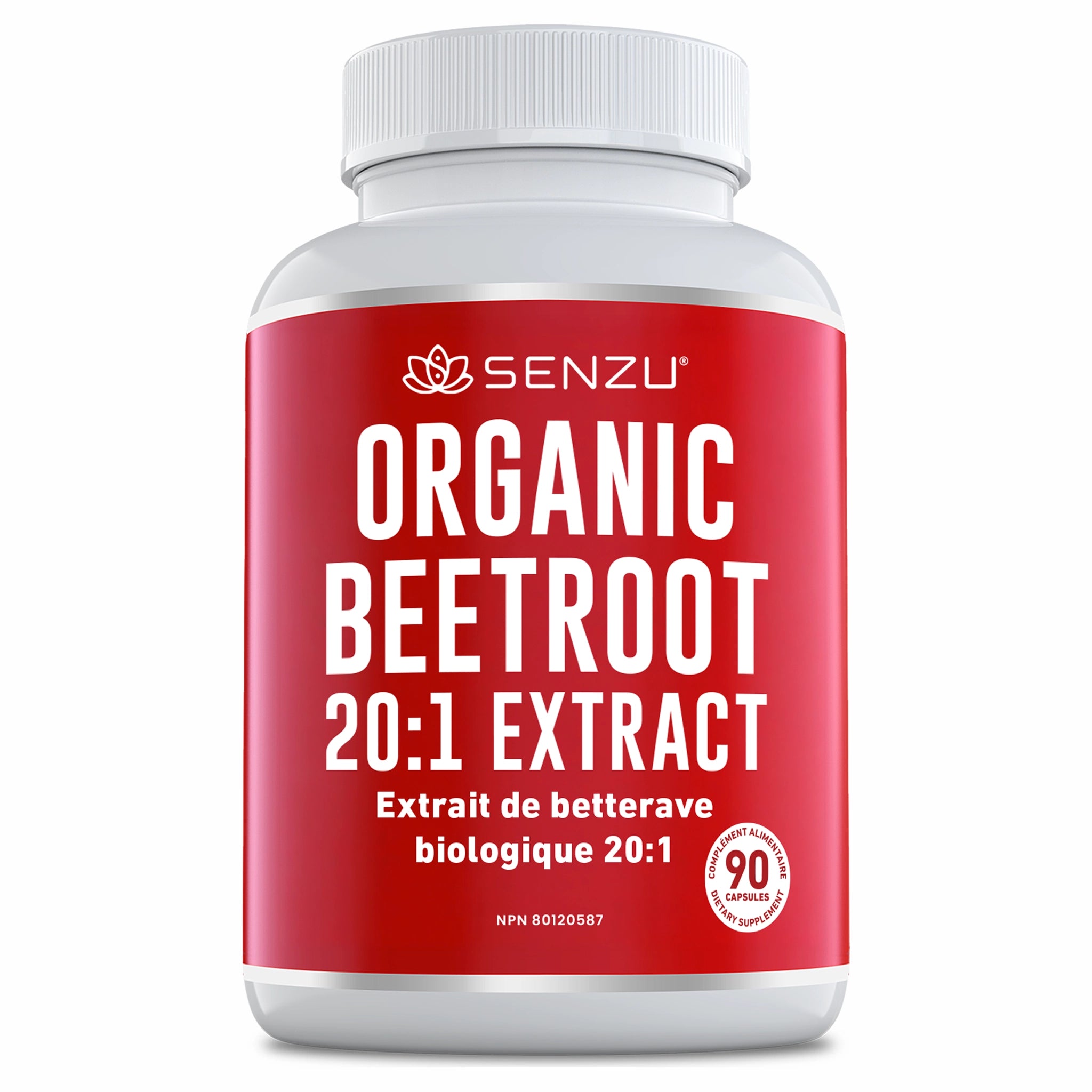 A white and red Senzu Health bottle labeled Beetroot 20:1 Extract contains 90 extra strength capsules. The label includes "Extrait de betterave biologique 20:1" and a white lotus logo at the top.